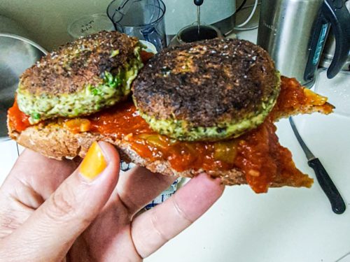 Vegan Recipes Cacao-Shamaness Vegan "fish" Patties on a slice of bread