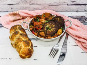 Vegan Recipes Cacao-Shamaness Vegan Moroccan "fish" Patties Stew with a fresh baked vegan Challah Bread