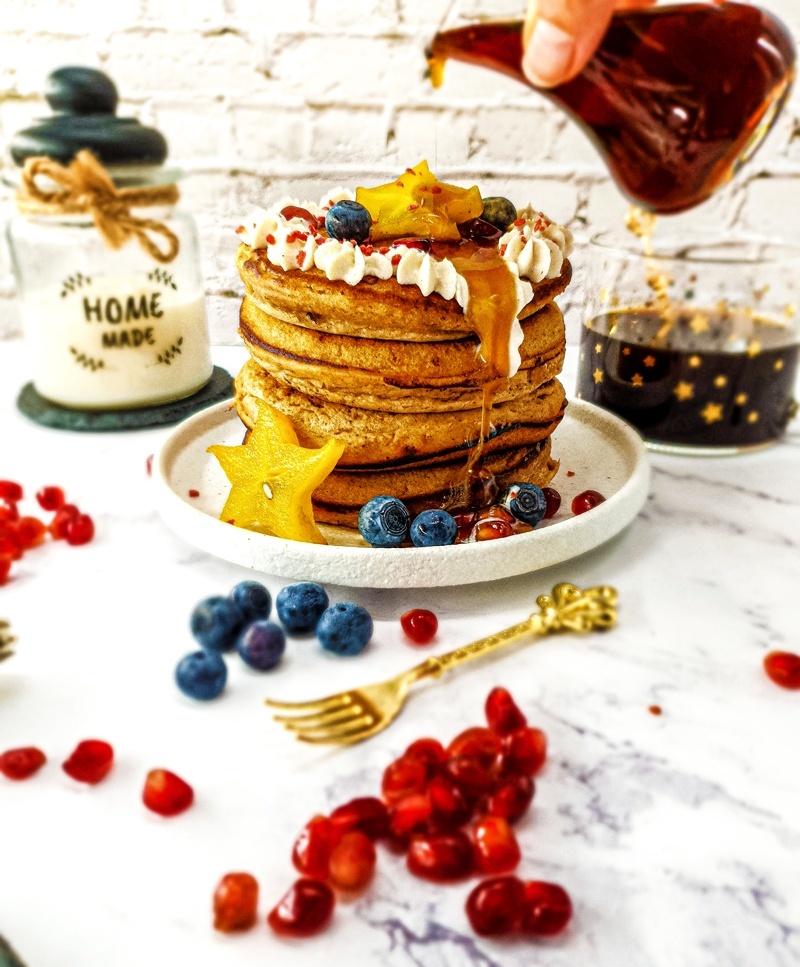 Vegan Recipes Cacao-Shamaness Vegan Spelt Flour Pancakes with Coconut Whipped Cream, Maple Syrup, and Fresh Fruits