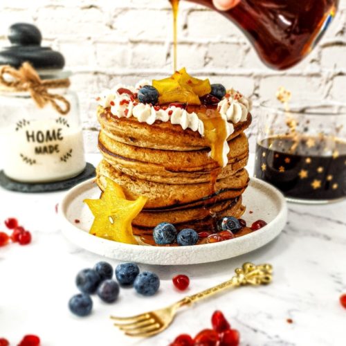 Vegan Recipes Cacao-Shamaness Vegan Spelt Flour Pancakes with Coconut Whipped Cream, Maple Syrup, and Fresh Fruits