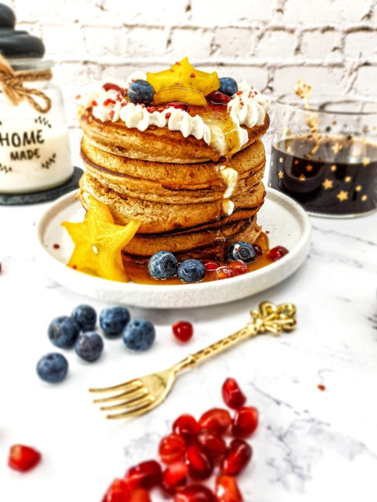 Vegan Recipes Cacao-Shamaness Vegan Spelt Flour Pancakes with Coconut Whipped Cream, Maple Syrup, and Fresh Fruits