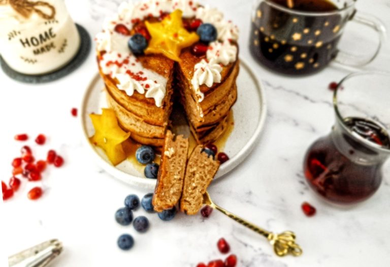 Vegan Recipes Cacao-Shamaness Vegan Spelt Flour Pancakes with Coconut Whipped Cream, Maple Syrup, and Fresh Fruits