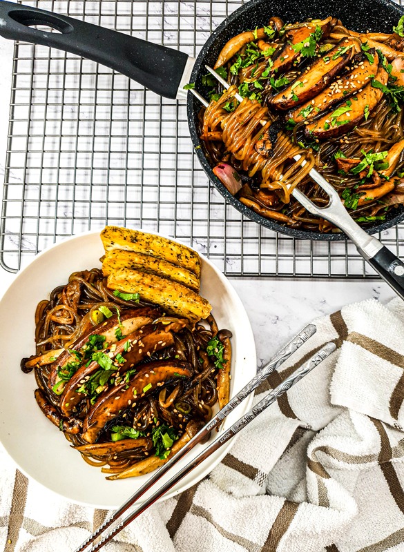 Vegan Recipes Cacao-Shamaness Vegan Korean Sweet Potato Noodles, Mushrooms & Black Garlic