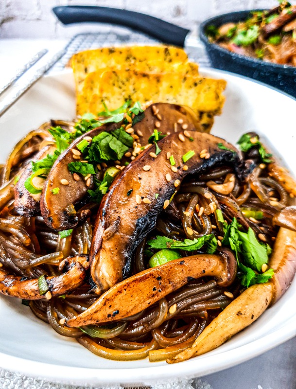 Vegan Recipes Cacao-Shamaness Vegan Korean Sweet Potato Noodles, Mushrooms & Black Garlic