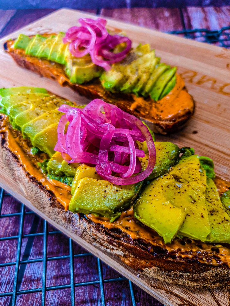 Vegan Recipes Cacao-Shamaness Avocado on a Toast with Chipotle Mayo and Red Pickled Onion