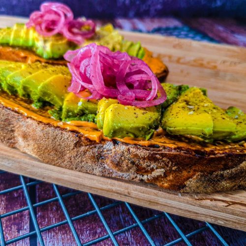 Vegan Recipes Cacao-Shamaness Avocado on a Toast with Chipotle Mayo and Red Pickled Onion