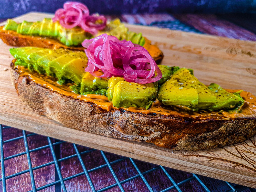 Vegan Recipes Cacao-Shamaness Avocado on a Toast with Chipotle Mayo and Red Pickled Onion