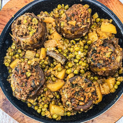 Vegan Recipes Cacao-Shamaness Vegan Stuffed Artichokes Stew with Potatoes and Peas